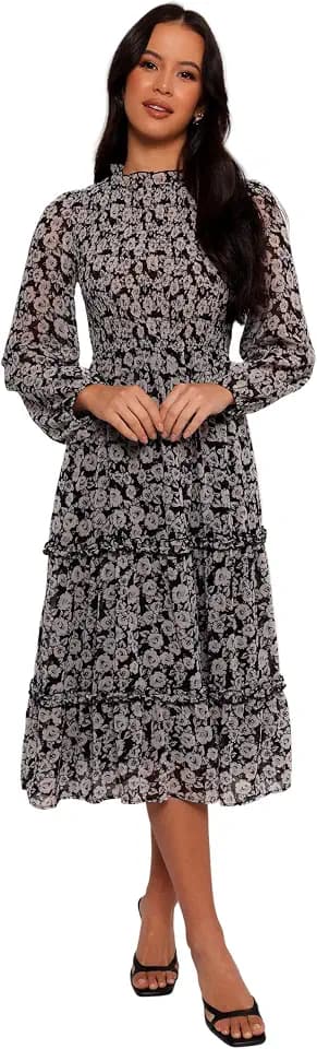 Petal & Pup Women's Edwina Shirred Frill Long Sleeve Midi Dress