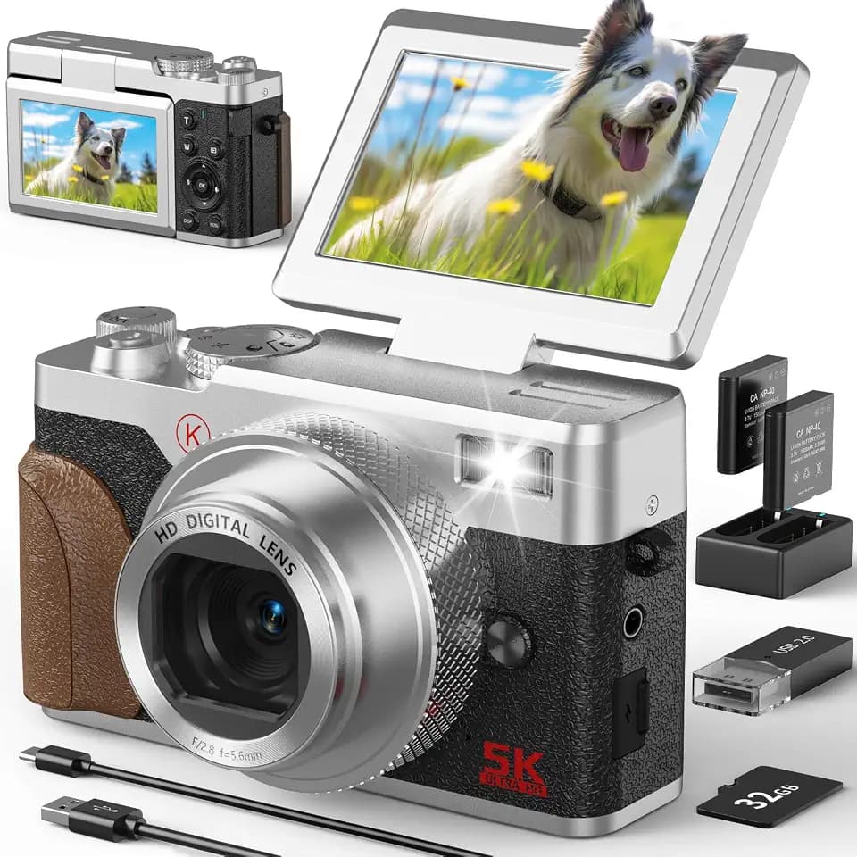 64MP 5K Digital Camera for Photography & YouTube Vlogging - 18X Zoom UHD Autofocus Video Camera with 3" 180° Flip Screen, 32GB SD Card & 2 Batteries - Compact Travel(Silver)