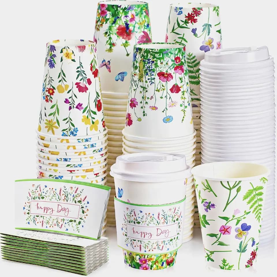 Remerry 100 Pcs 12oz Floral Disposable Coffee Cups with Lids and Sleeves Paper Insulated Drink Hot Coffee Paper Cups with Dome Lids and Sleeves for Party Wedding Birthday Baby Shower (Stylish)