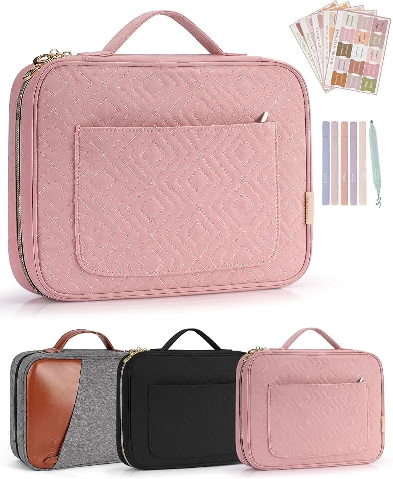 heouvo Bible Cover Case for Women, Bible Study Supplies, Bible Journaling Kit, 6 No Bleed Bible Highlighters and Pens, 75 Bible Tabs, Large Size Zippered Bible Bags (Pink)