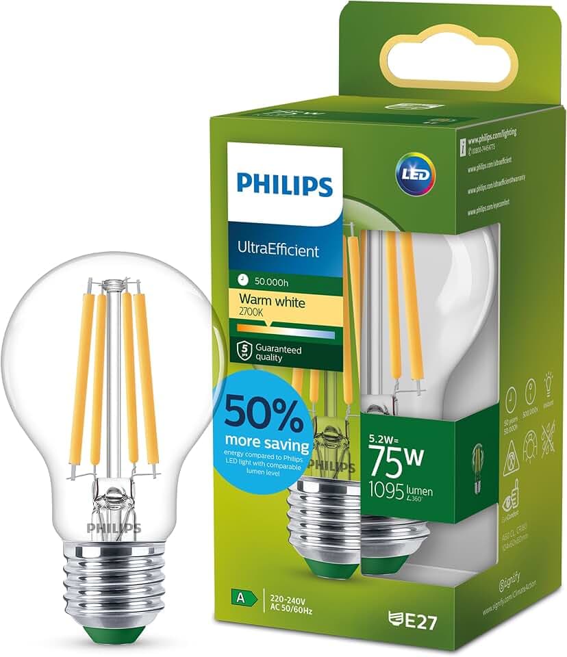Philips LED Classic ultraeffiziente E27 Lampe (75 W), LED Lampe mit warmweißem Licht, energiesparende Lampe mit langer Nutzlebensdauer, Energieeffizienzklasse A