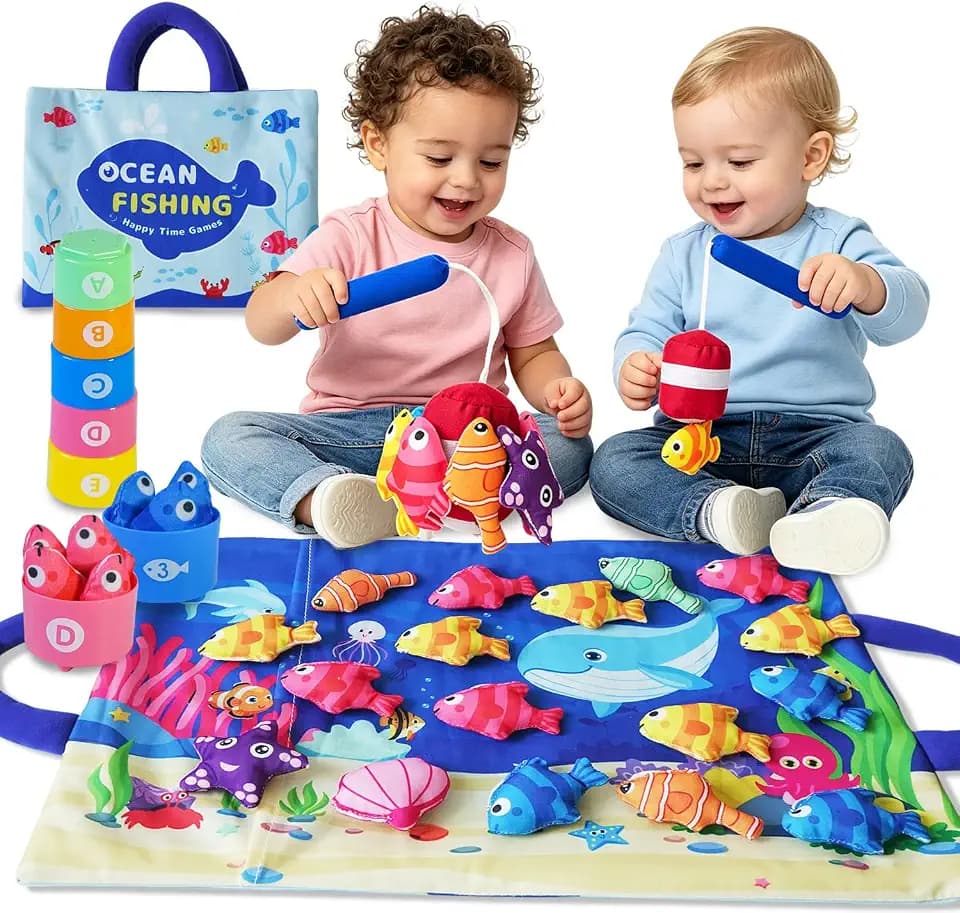 Fishing game for toddlers, Montessori toy, gift for boys and girls, children's fishing toy with stacking cups, helps develop counting, color sorting and fine motor skills, comes with a storage bag.