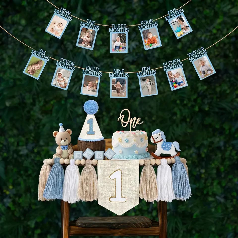 Blue Baby Boy First Birthday Decorations with 0-12 Month 1st Birthday Photo Banner ,Blue Hat, One Cake Topper and High Chair Tassel Banner 1st Decor