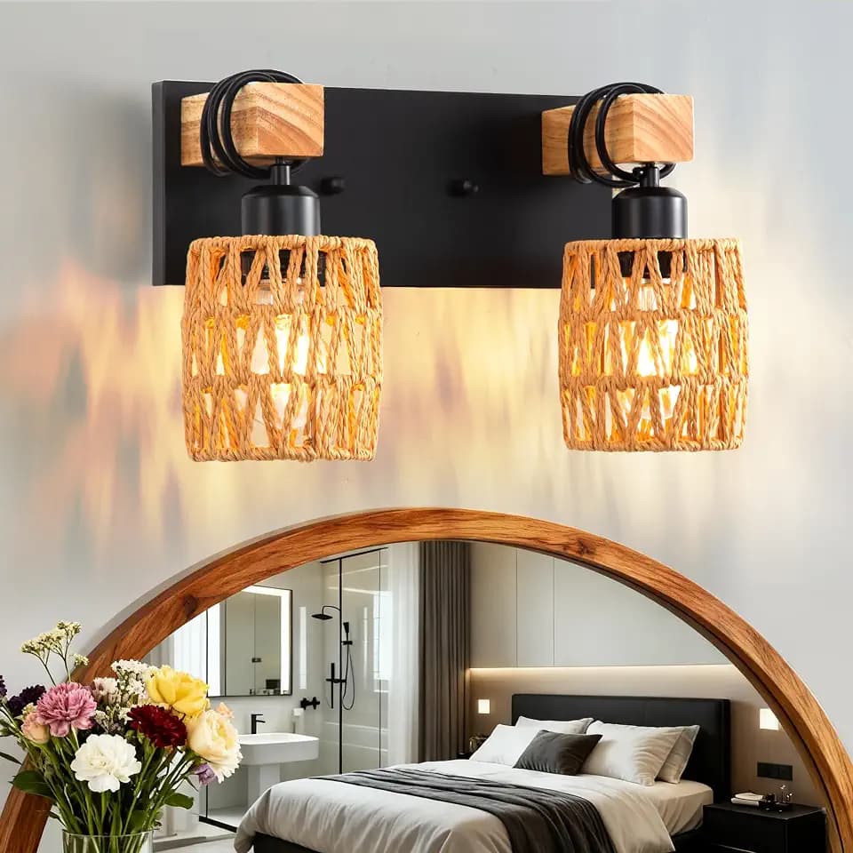 2-Light Boho Bathroom Light, Rattan Wall Sconce, Farmhouse Vanity Light