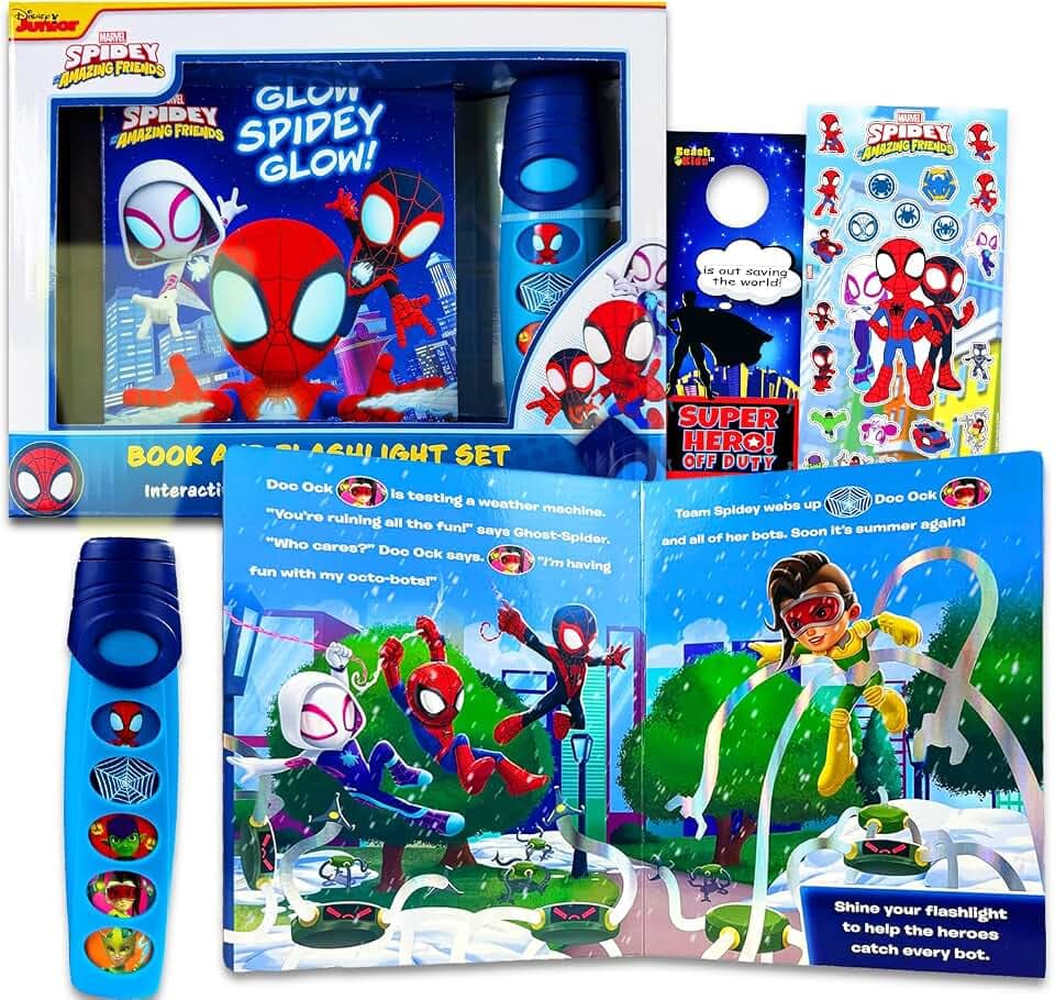 Spidey and His Amazing Friends Flashlight and Book for Kids - Interactive Storytime Bundle with Adventure Book and 5-Sound Flashlight Plus Stickers, More | Spidey Sound Book