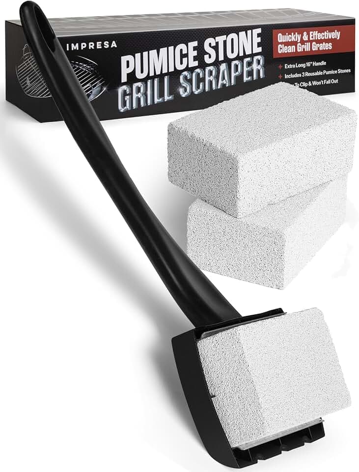 Impresa Pumice Stone Grill Brush - 5 x 2 in Head, 16 in Handle, Pack of 3 Replacement Bricks - Grease Removal BBQ Cleaning Stone - Ergonomic Long Handle Griddle Cleaning Kit - Versatile Grill Scraper