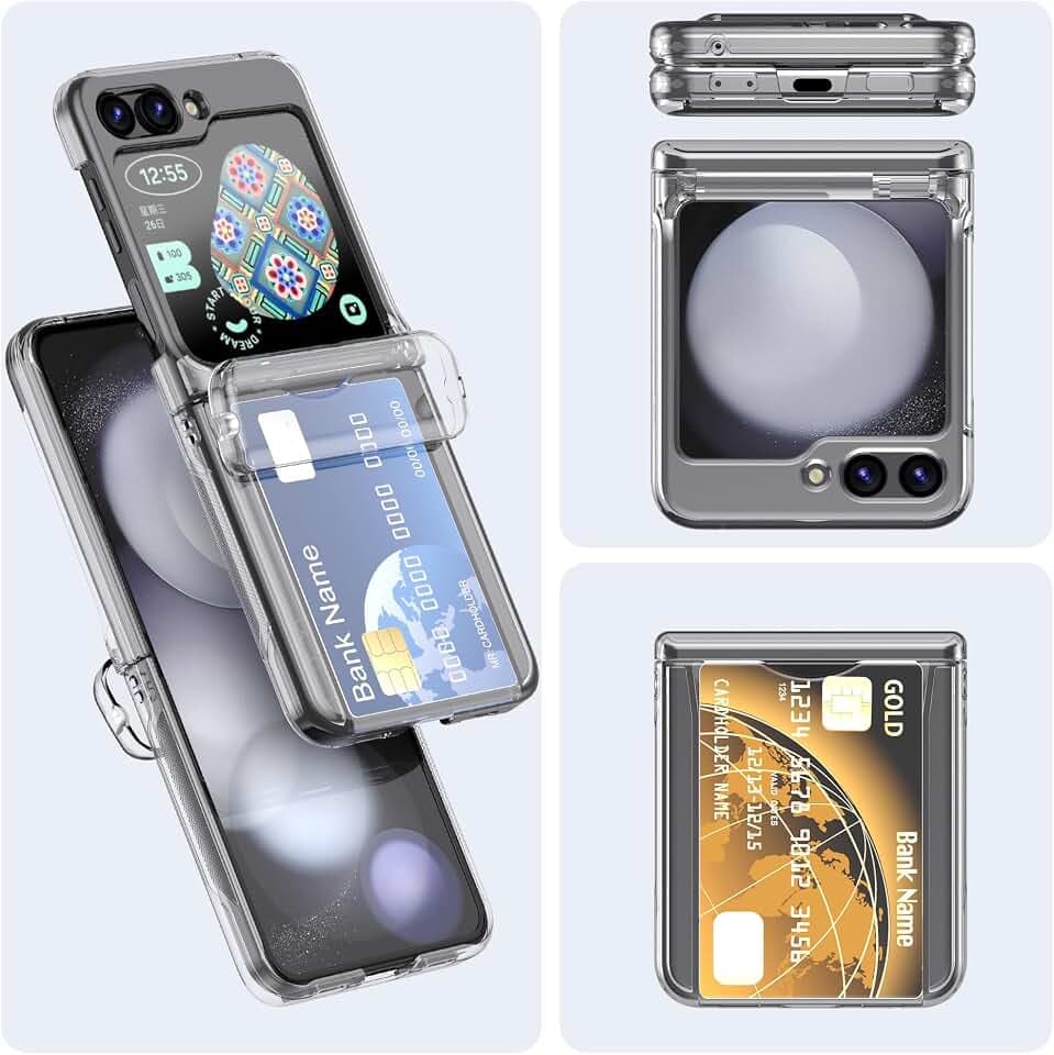 Hülle für Galaxy Z Flip 3 Clear Cover mit Kartenhalter - Stoßfeste, schlanke Schutzhülle mit Scharnierschutz, Brieftaschenschlitz, Hartschale, rutschfester Griff für Samsung Galaxy Z Flip 3