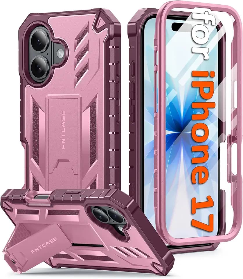 FNTCASE for iPhone 17 Case with Built-in Screen Protector and Kickstand