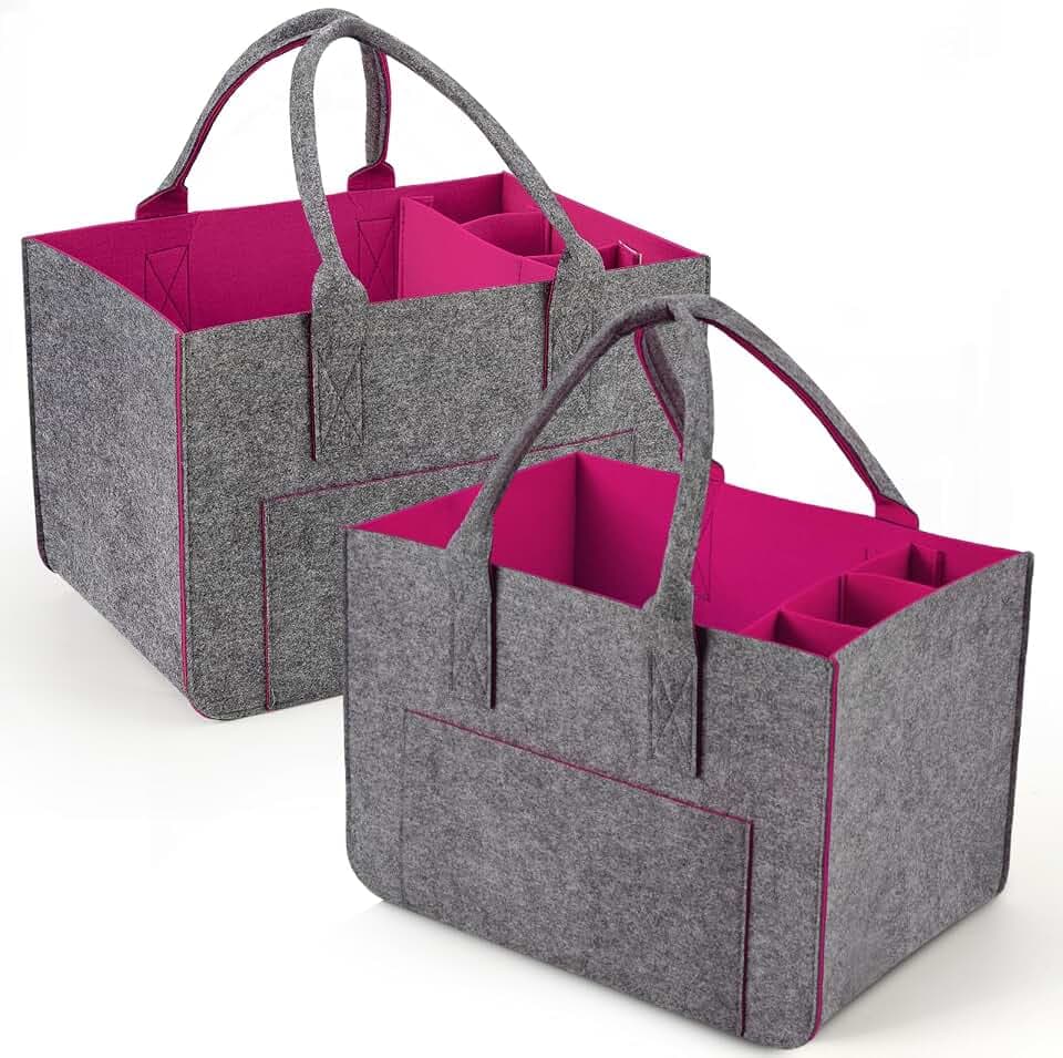 Eurhomewit Filztasche Einkaufstasche mit Fächern, Filztasche Groß 30L Faltbar und Robust Filz Einkaufskörbe Flaschentasche Kaminholztasche Kleiderkorb Spielzeugtasche (Magenta/2 Stücke)