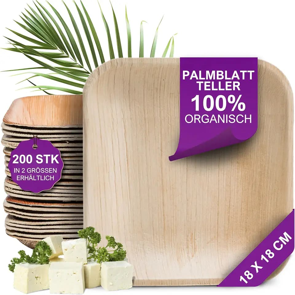 Bio Palmenblatt Teller - 200 Stück eckig 18x18 cm - Premium Einweggeschirr kompostierbar - Umweltfreundliche Party-Teller - ähnl. Einweg Bambusteller