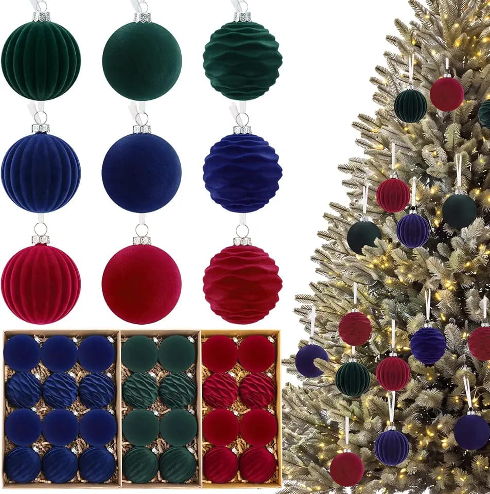 Junkin 36 Pcs Velvet Christmas Balls Ornaments, Classic Color