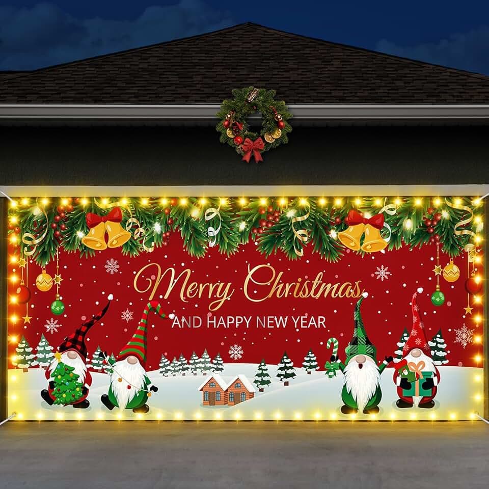 Mindsoft Large Merry Christmas Garage Door Cover 2026 LED Waterproof Polyester Happy New Year Banner with Holiday Graphics for Double Garage Outdoor Spaces(Christmas Goblin,7 x 16 ft)