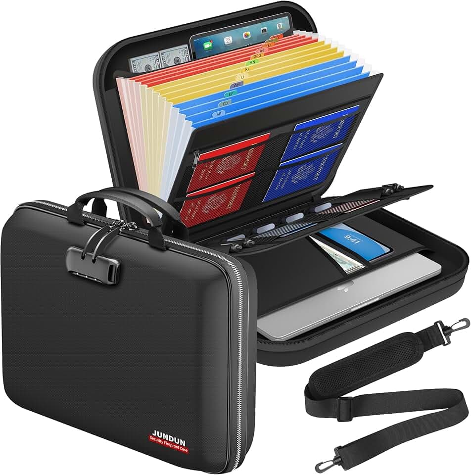 JUNDUN Feuerfeste Dokumentenbox mit Schloss & Trageriemen, Hartschalen-Aktentasche mit 13 Fächern, Aktenordner, Tragbarer Safe für Dokumente, Laptop für Home Office & Reise