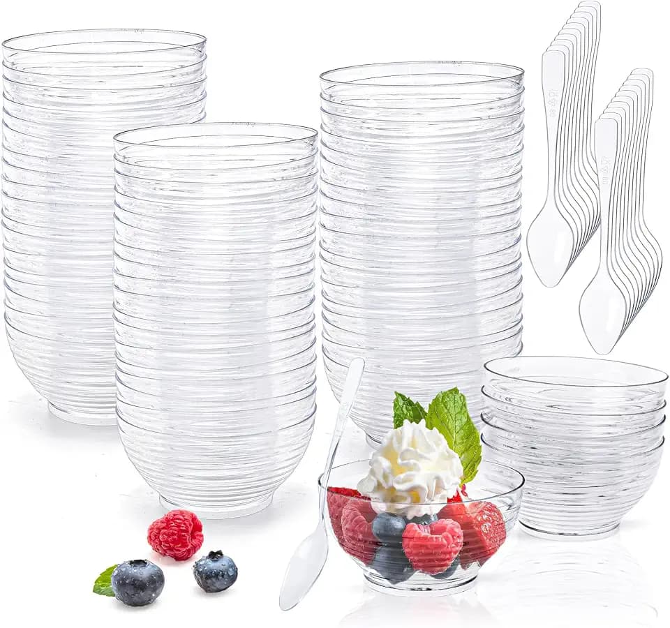 Kingrol 100 Mini Dessert Bowls with Spoons, 3 oz Disposable Plastic Cups