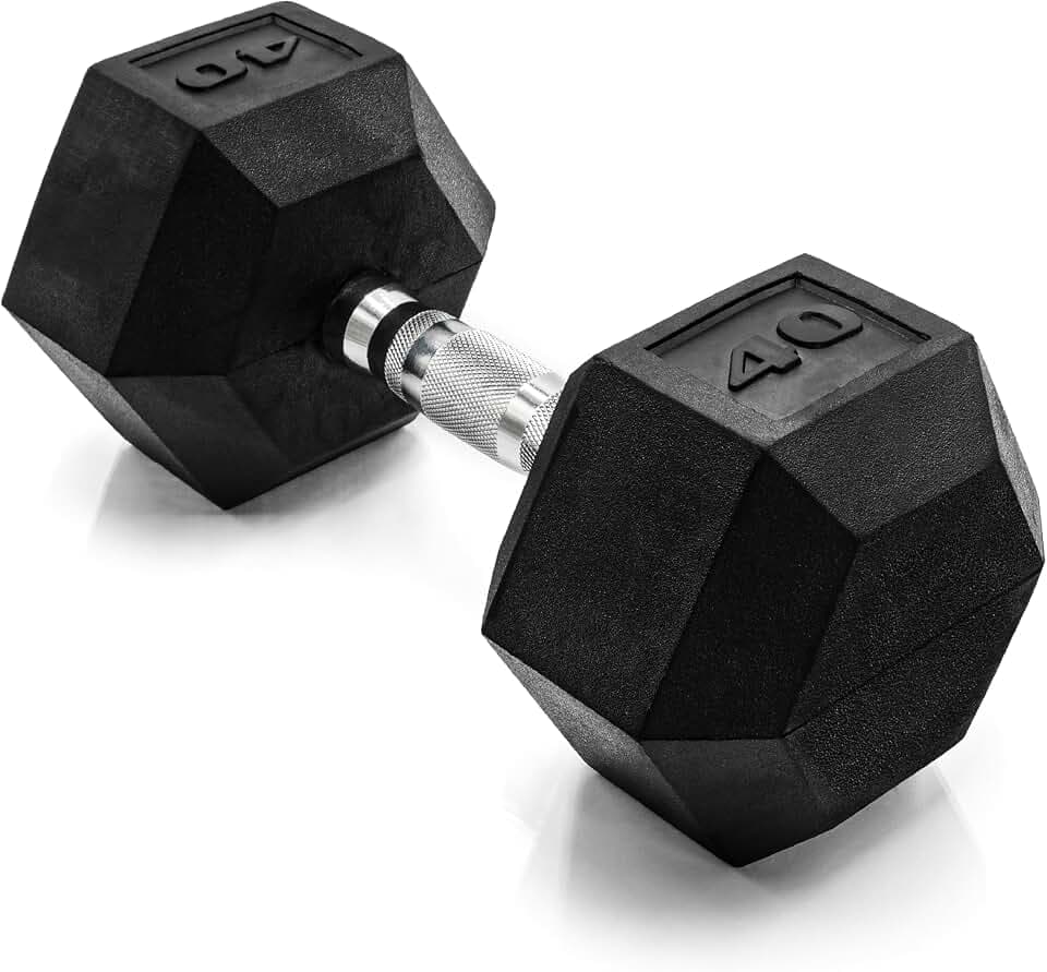 CAP Rubber Coated Dumbbell Weights, Free Weights for Home Gym Strength Training, Anti-Roll Hex Dumbbells with Black, Chrome & Comfort Grip Handles, Singles