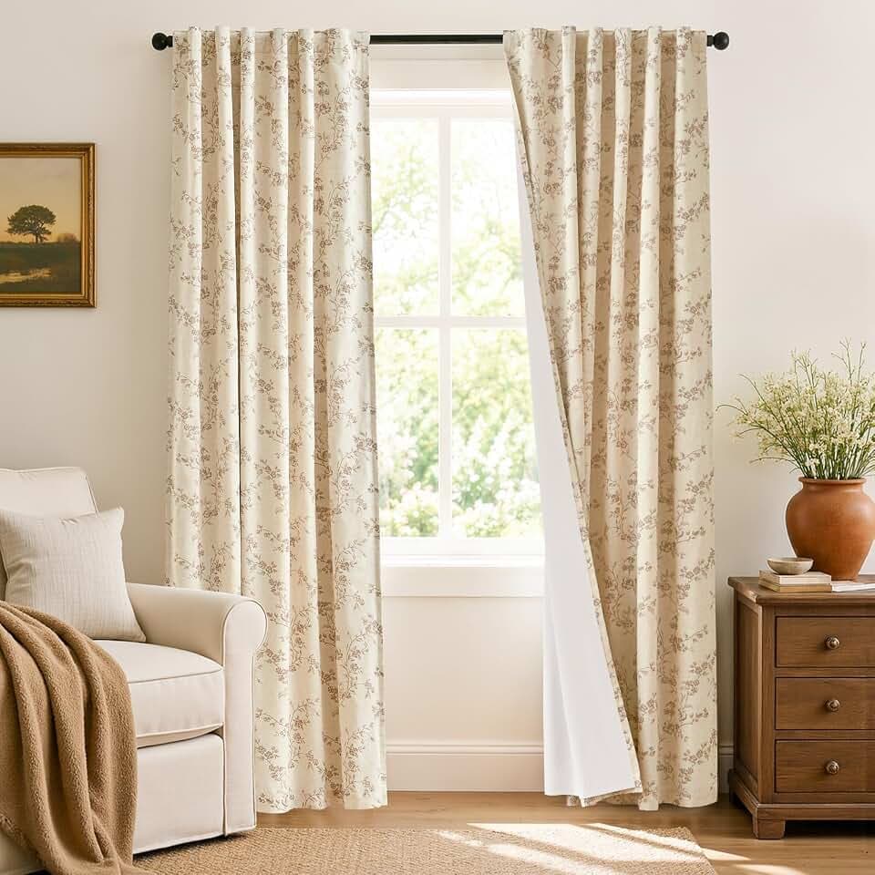 Lazzzy Blackout Vintage Floral Linen Curtains Taupe on Beige 50×84 2 Panels