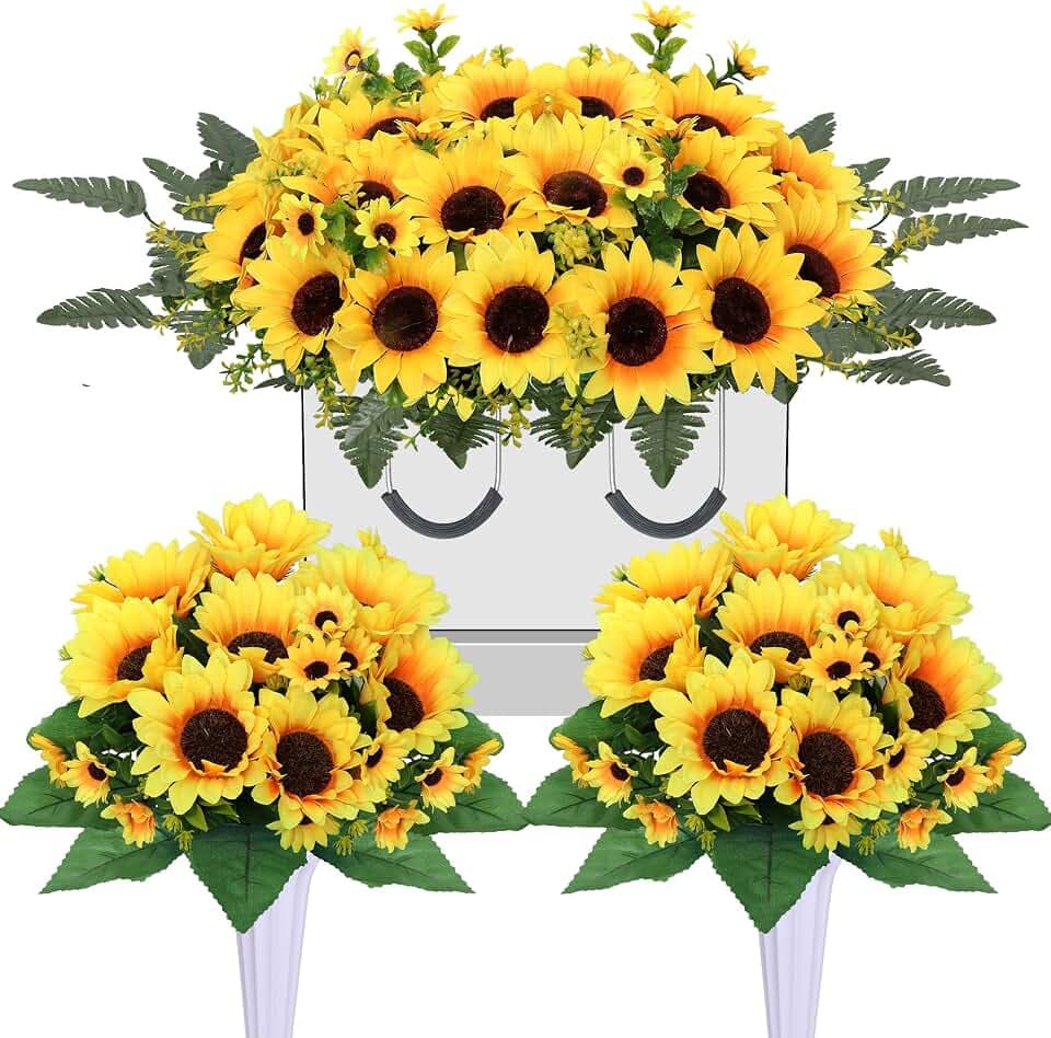 Lodou 3Sets Artificial Cemetery Flowers for Grave,Headstone Flower Saddle Silk Sunflowers Grave Flowers Memorial Flowers Bouquets for Outdoor Gravesite Decoration (Yellow, 3PCS)