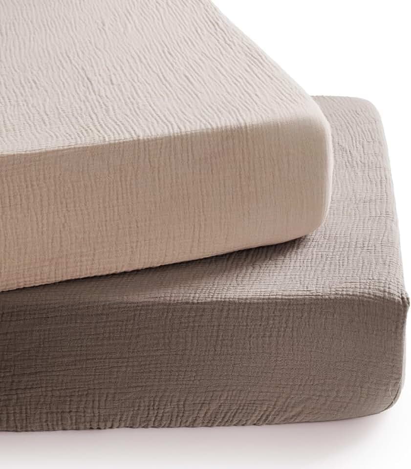 TILLYOU Musselin Spannbettlaken 2er Set Bettlaken Kinderbett 60x120 cm 100% Baumwolle Spannbettlaken Baby, Graubraun & Hellbraun
