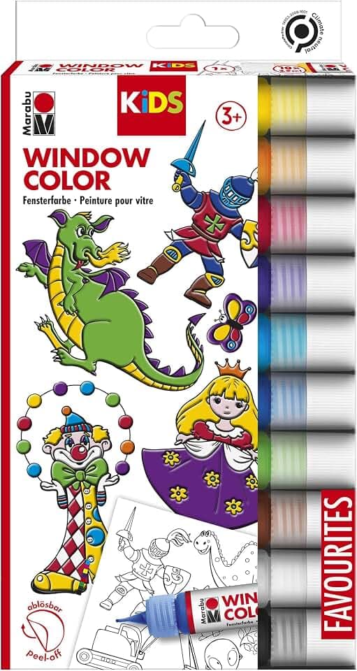 Marabu 0306000000100 - Kids Window Color Set mit 10 x 25 ml Farbe und Malvorlage A4 mit 18 Motiven, Fenstermalfarbe auf Wasserbasis, geeignet für Glas, Spiegel, Fliesen und Folie