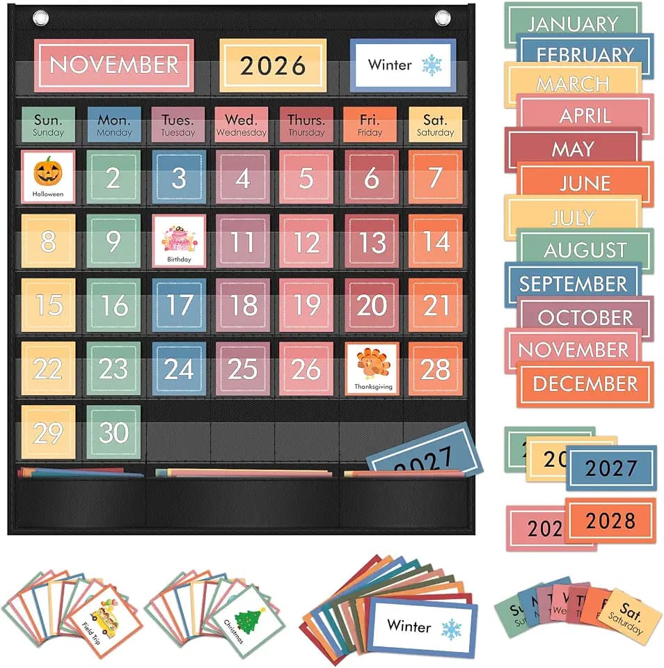 ZKOO Rainbow Calendar Pocket Chart with 97 Educational Cards, Large 20"x23.6" Weather Calendar Pocket Chart Perfect for Preschool Homeschool Learning, Monthly Calendars with 3 Storage Pockets (Black)