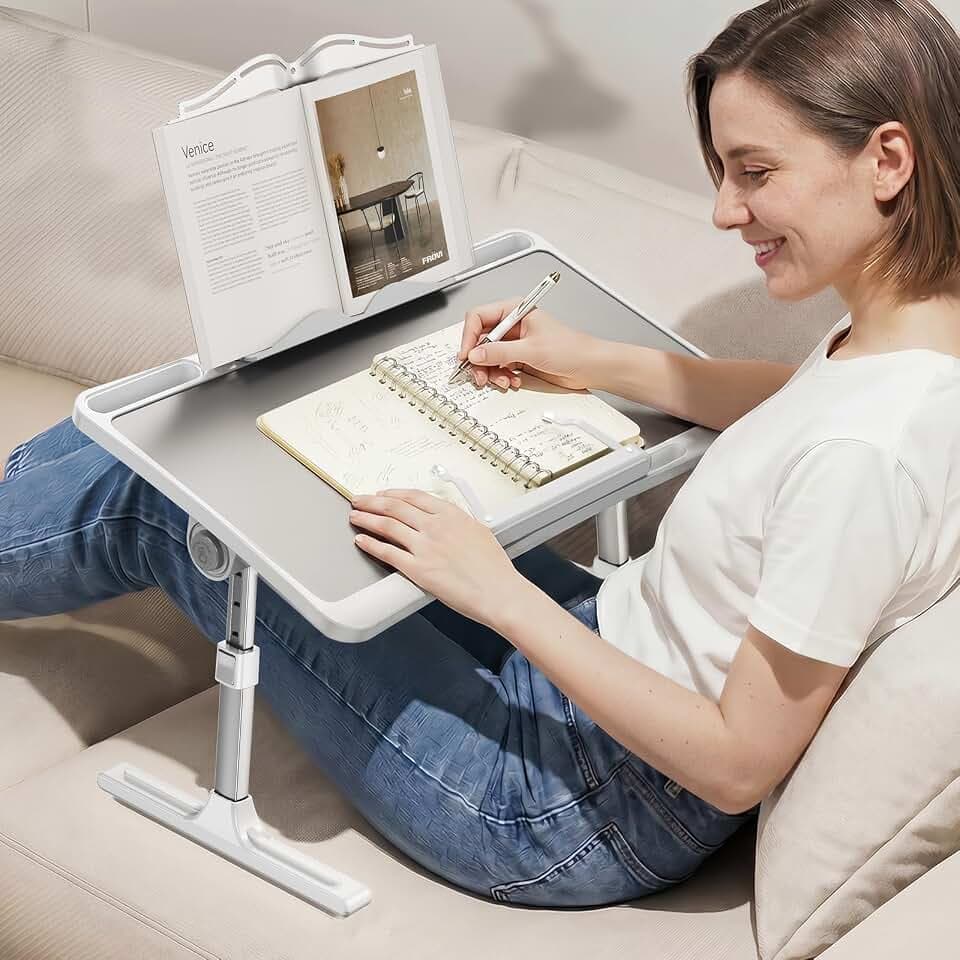 Book Stand for Reading Hands Free in Bed,Adjustable Height Book Holder with Page Paper Clips,Car Rear Seat Sofa Couch Laptop Desk Tray Stand for Adult Kids Eating Breakfast,Writing,Reading