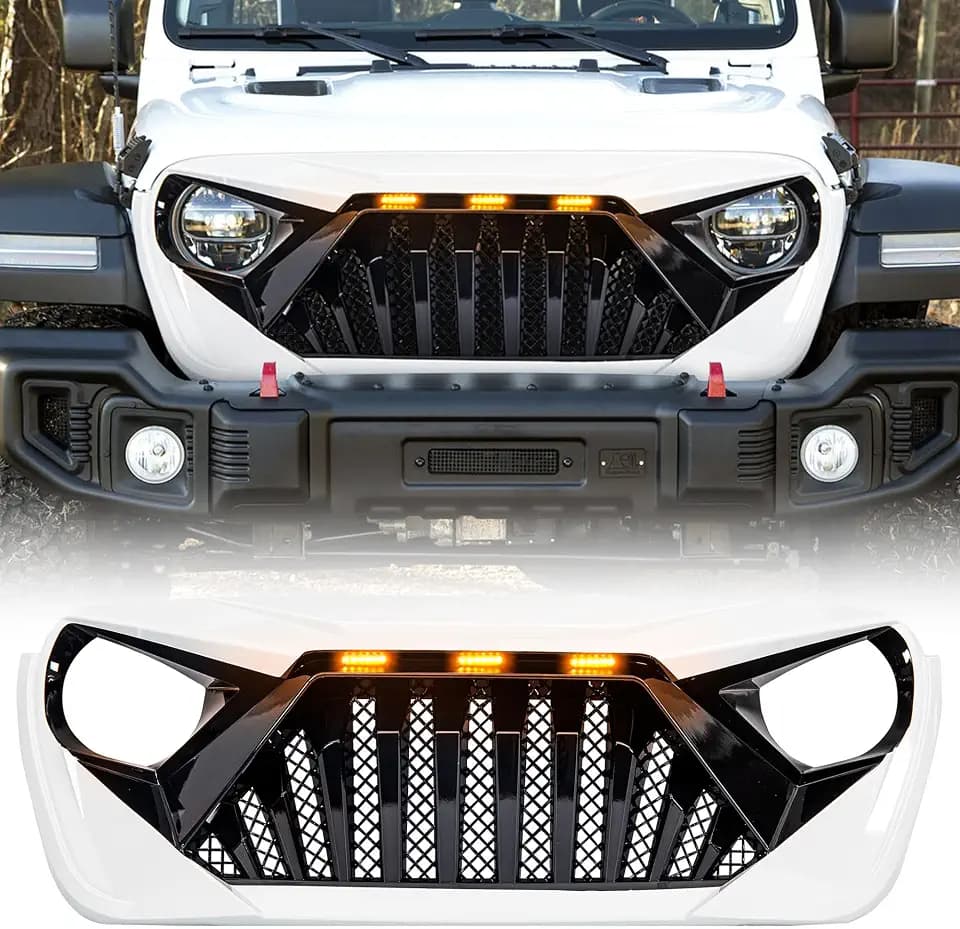 American Modified Goliath Grille with Amber LED Running Lights Compatible with 2018 to 2023 Jeep Wrangler JL and Gladiator JT, White & Black