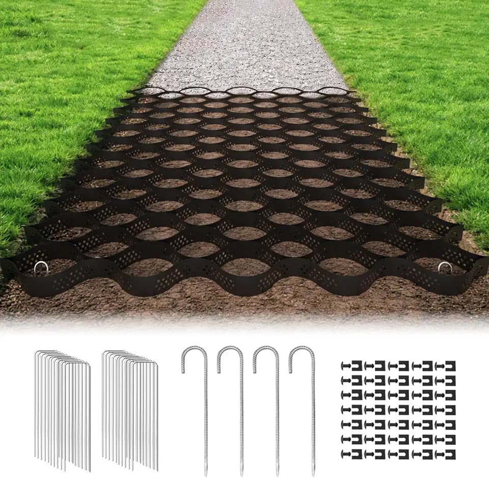 Gravel Grid 2'' Depth with Metal Stakes, 6.6x33 FT Geogrid for Gravel Driveway 2200 lbs per Sq FT Erosion Control Ground Grid Gravel Stabilizer Grid for Driveway, Parking Lot, Slope, Walkway, Patio