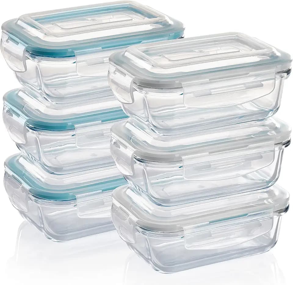 Grizzly Glas Frischhaltedosen, Set 6x 370 ml, luftdicht, rechteckig, Click-Verschluss, vielseitige Vorratsdosen für Ofen, Mikrowelle, Gefrierfach