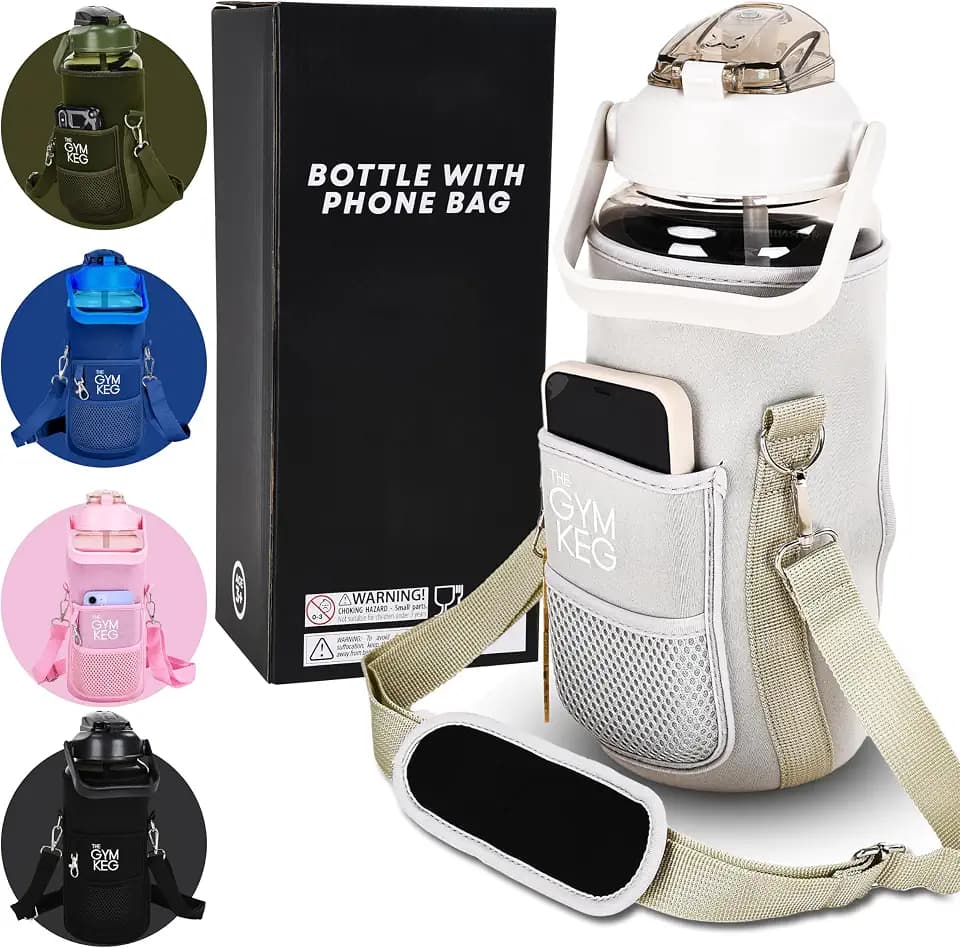 THE GYM KEG 74oz Large Water Bottle with Carrier - Water Bottles with Strap for Gym, Workout or Sports - Daily Water Jug for Men and Women - Neoprene Sleeve - Cream - 11.6x5.3 inch