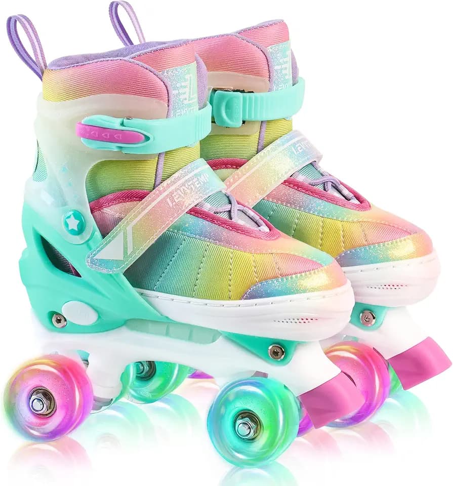 Rainbow Roller Skates for Girls Kids, Gradient Pink Purple 4 Size Adjustable Quad Skates Size XS S, M, L Ages 3-12 with All Light Up Wheels for Kids Youth Outdoor Indoor