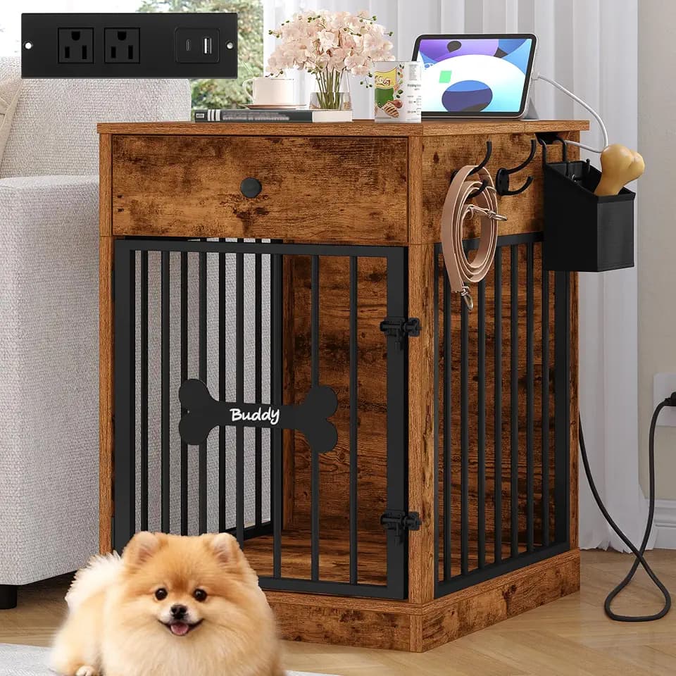 Hzuaneri 24.6'' Dog Crate Furniture with Storage & Power Indoor Dog Kennel