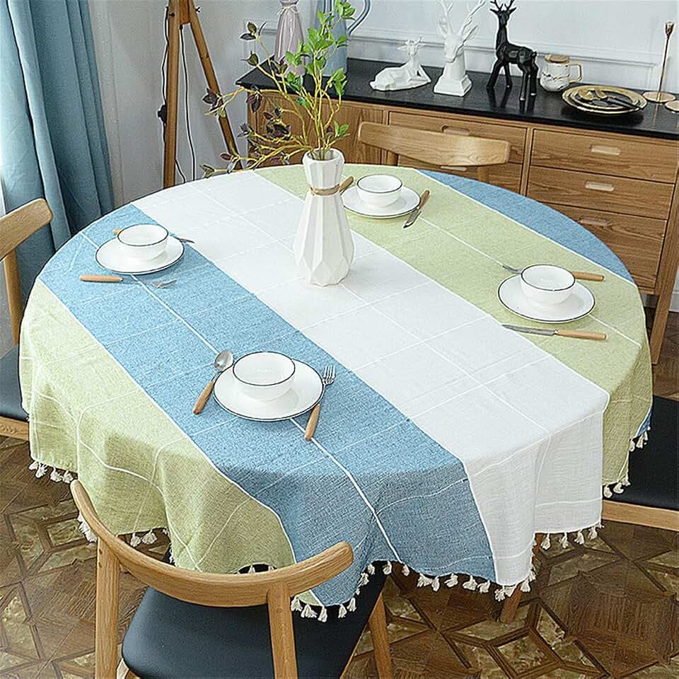 Round Tassel Plaid Tablecloth, Heavy Weight Cotton Linen Fabric Table Cover for Kitchen Dining Tabletop Decoration, Blue & Green, 78" Round