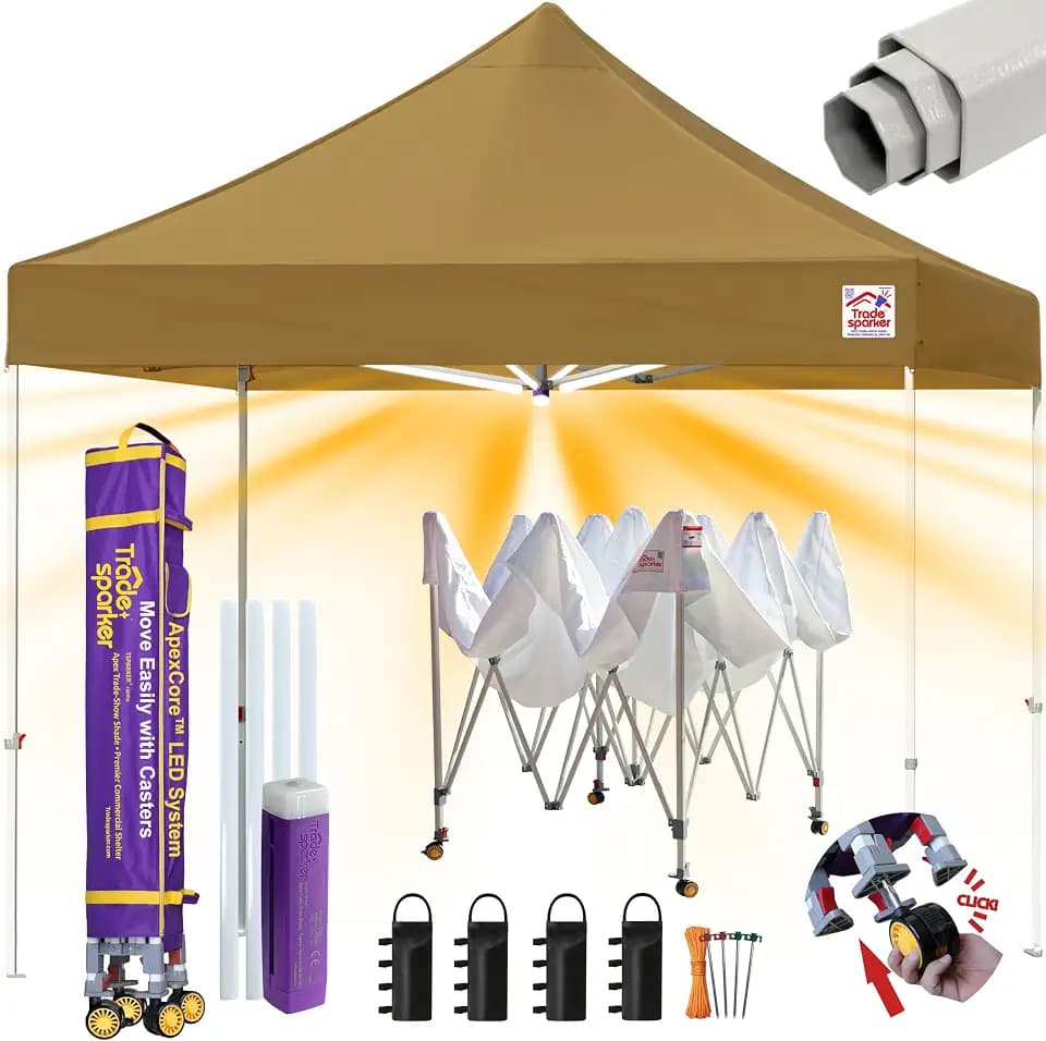 Tradesparker 10x10 Pop Up Canopy Tent,Commercial Movable Canopy with ApexCore LED&Rugged Casters-Instant Easy Setup Shelter Canopies with Weight Bags&Stakes for Outdoor Events Markets Vendors,Khaki