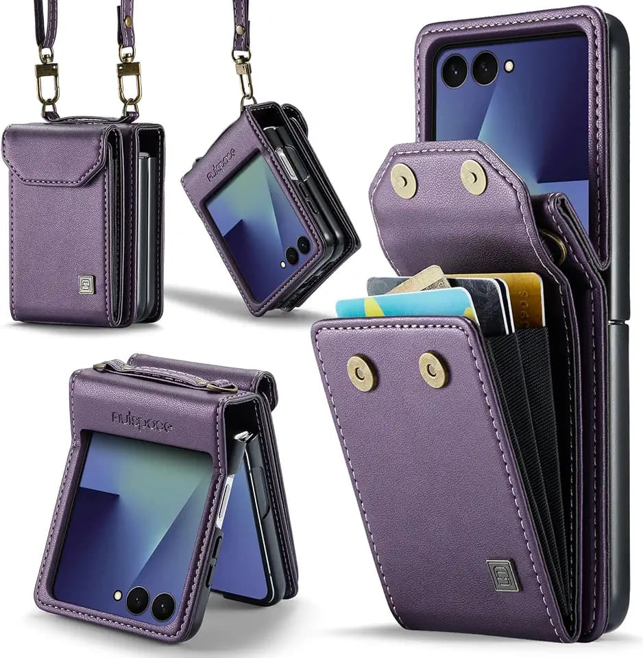 HAII for Samsung Galaxy Z Flip7（2025） Wallet Case, Women Men RFID Blocking Hinge Protector Pu Leather Magnetic Closure Card Holder and Shockproof TPU Shoulder Strap Wrist Strap (Purple)