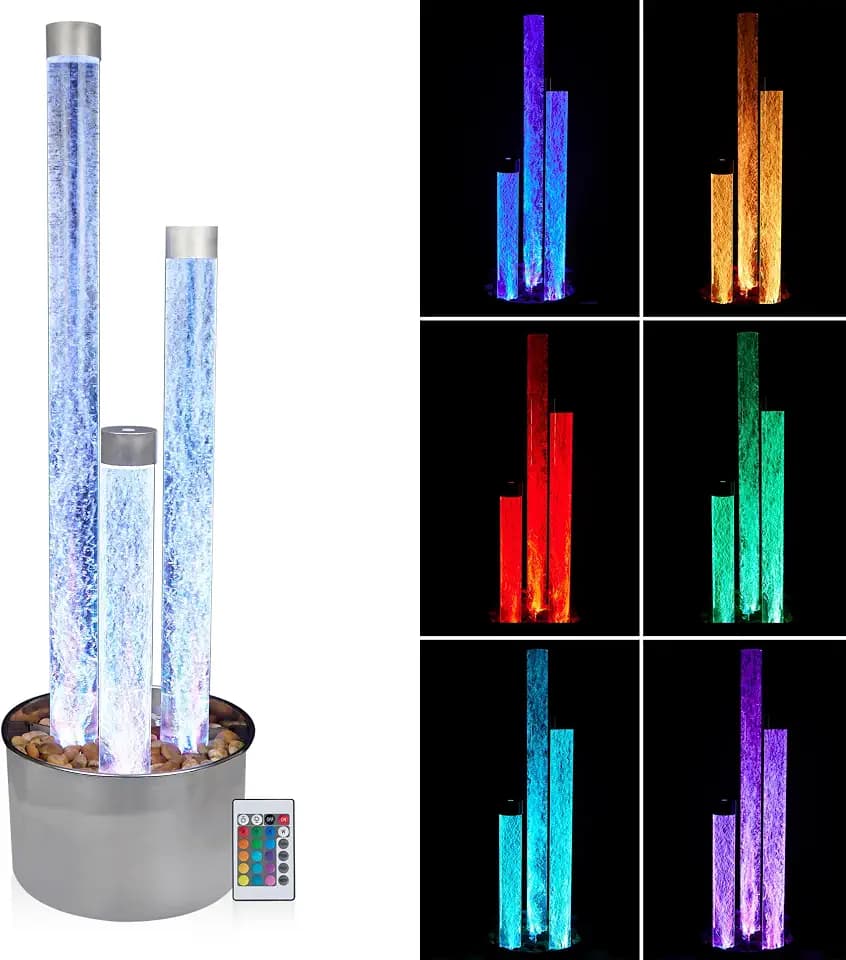 Alpine Corporation 54" Tall 3 Tier Indoor and Outdoor Water Acrylic Bubble Fountain for Home, Office, and Patio Decor, with Remote and 16 Color LED Lights, Silver Base