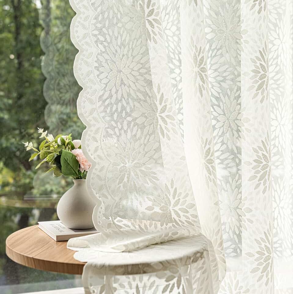 MIULEE Vintage Floral Scalloped Lace Curtains 2 Panels, Ivory 52" W x 54" L