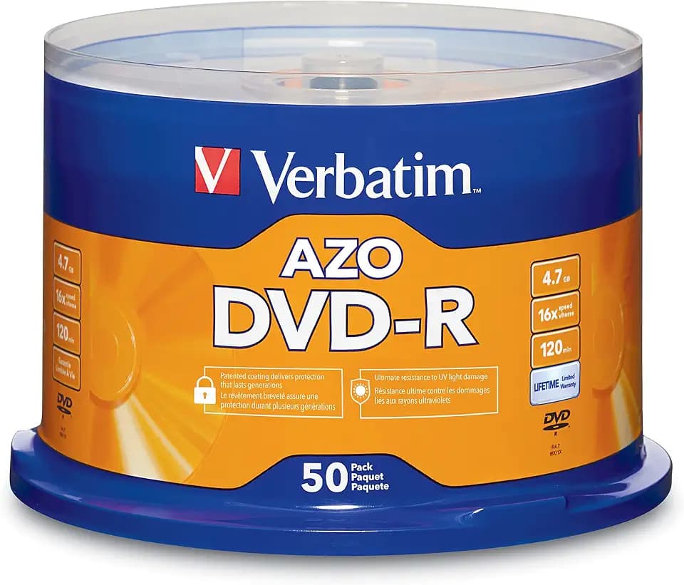 Verbatim DVD-R 4.7GB 16X Recordable Discs with AZO Dye, 50 Pack