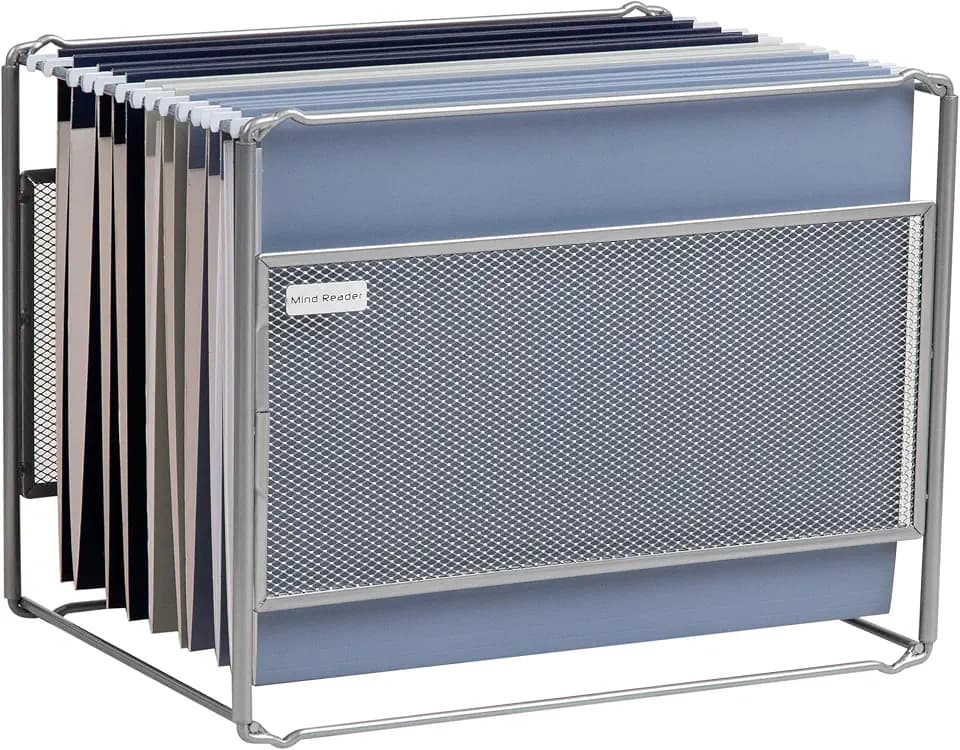 Mind Reader Hanging File Folder Organizer, Desktop Organizer, Storage, Office, Metal Mesh, 13" L x 9.75" W x 10.25" H, Silver