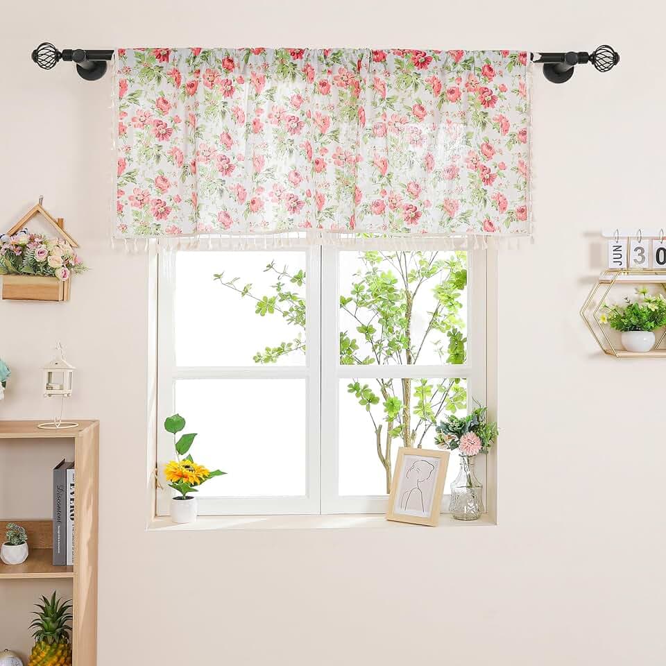 Floral Printed Valance Vintage Pink Rose Flower Kitchen Window Curtain Valances Rod Pocket Rustic Country Valances with Tassel, One Panel, 54 x 16 Inch