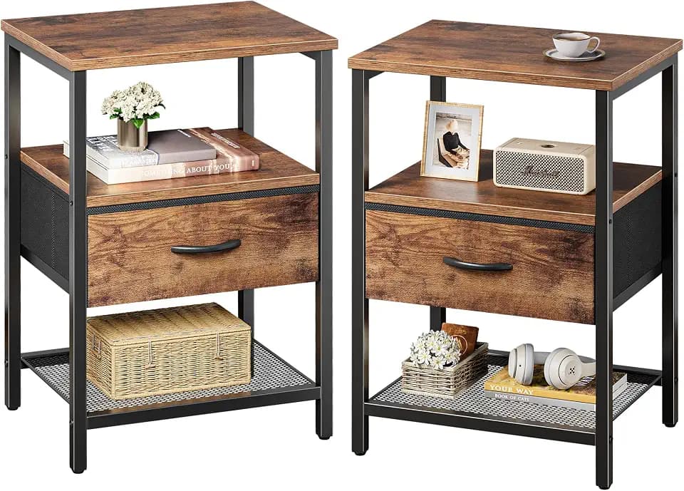 Huuger Nightstand Set of 2, Night Stand with Fabric Drawer, Mesh Shelf