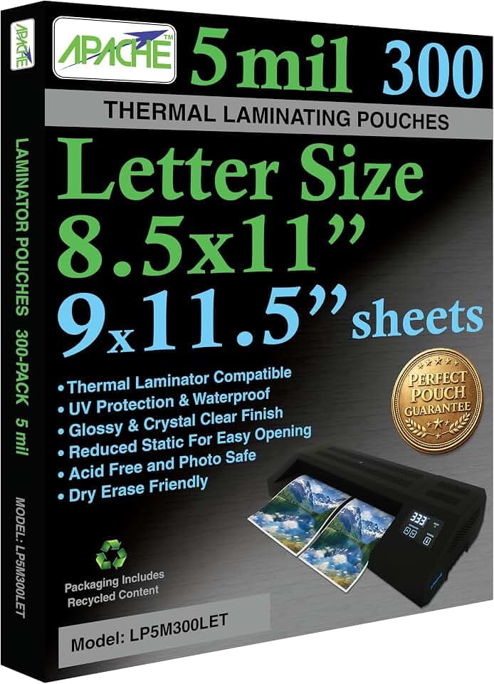 Apache Letter Size Laminating Pouches, 5 Mil, 300 Pack, 9 x 11.5"