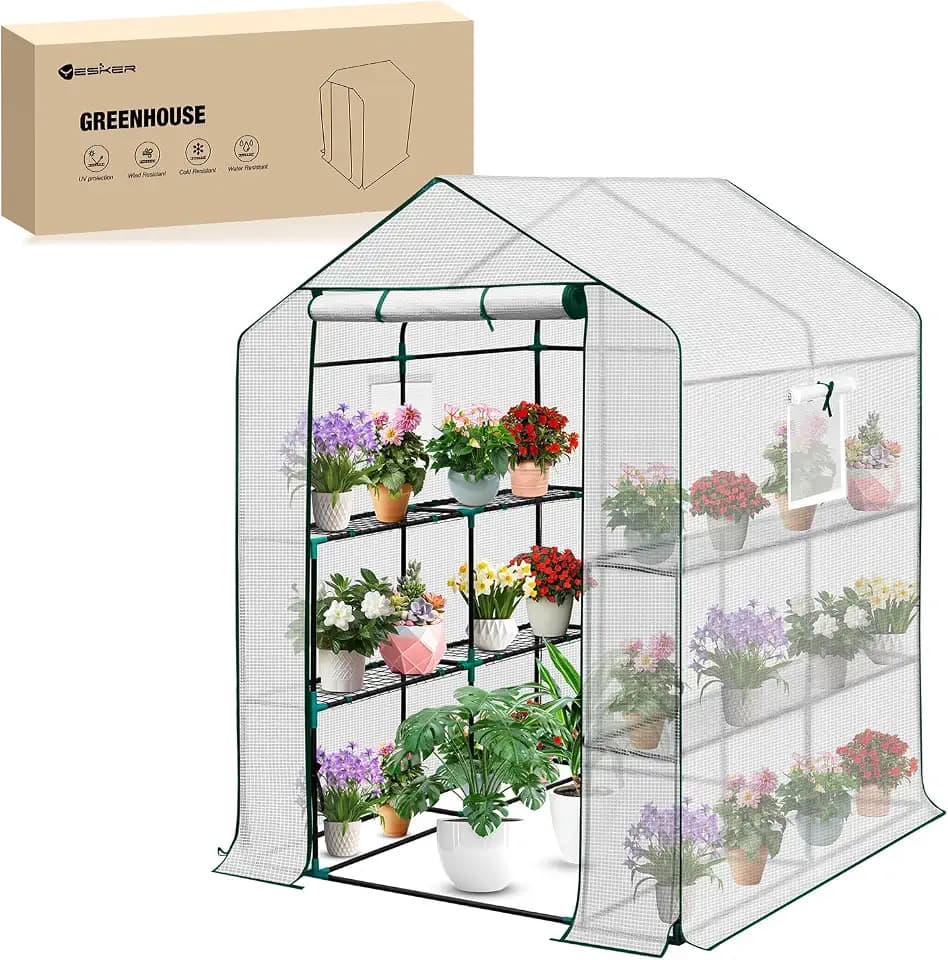 Yesker Greenhouse 57.5"x57"x77" Walk in Green House - Large Outdoor/Indoor Greenhouses with 8 Shelves Waterproof PE Cover & Windows, Portable Greenhouse Kit for Winter Backyard Gardening Patio, White