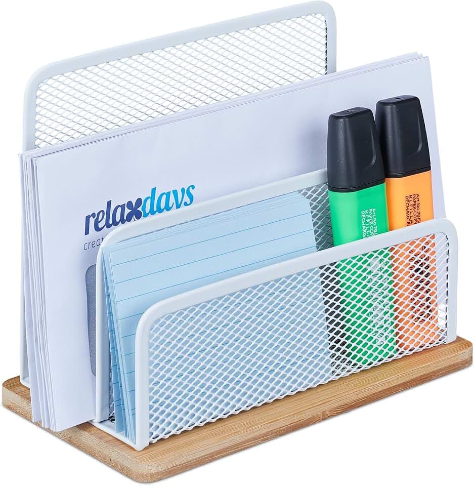 Relaxdays Briefhalter, Metall & Bambus, 3 Fächer, weiß/natur
