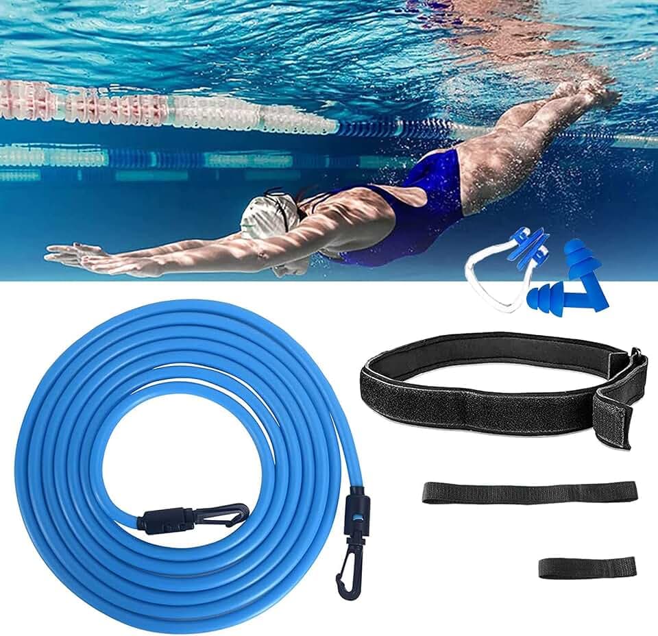 Schwimmgurt Erwachsene,4m Einstellbare Schwimmgurt Für Pool,Schwimmtrainer Gegenstromanlage Für Pool, Benutzt Für Schwimmingpools Widerstandstraining （Mit Ohrstöpseln und Nasenclip）