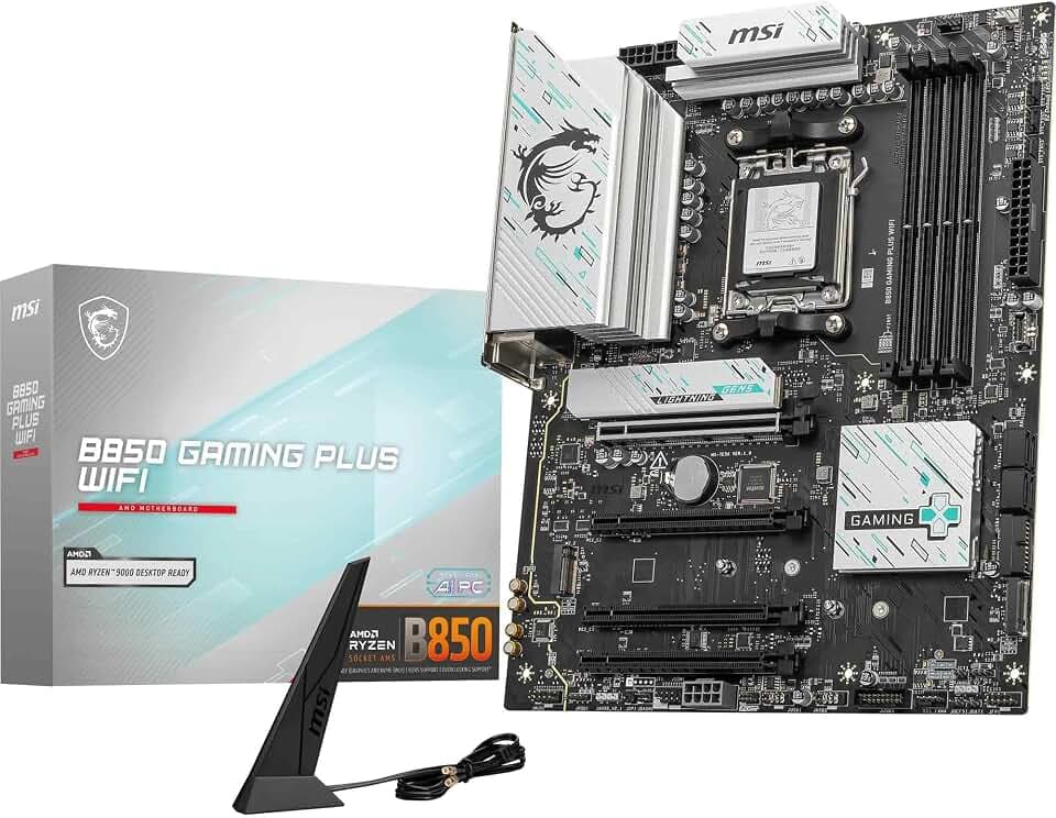 MSI B850 Gaming Plus WiFi Gaming Motherboard (AMD Ryzen 9000/8000/7000 Series Prozessoren, AM5, DDR5, PCIe 4.0, M.2, SATA 6Gb/s, USB 3.2 Gen 2, HDMI/DP, Wi-Fi 6E, Bluetooth 5.3, 2.5Gbps LAN, ATX)