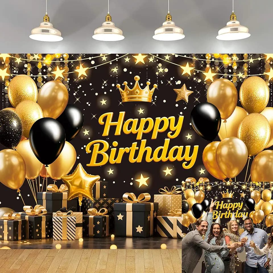 Black Gold Birthday Backdrop for Photography Happy Birthday Photo Backdrop