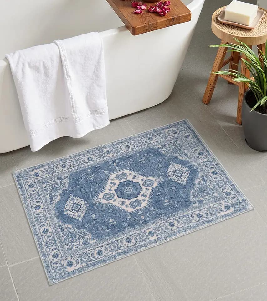 Seavish Blue Bathroom Rug, 18x26 Inch Vintage Distressed Absorbent Bath Mat