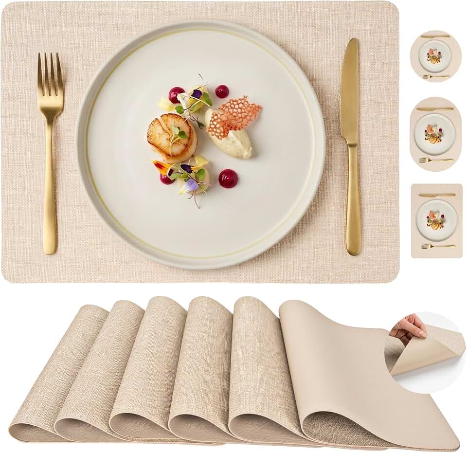 Faux Leather Placemats Set of 6, Wipeable Waterproof Stain Resistant Table Mats, Heat Resistant Thick Placemats with Hand-Painted Edges for Kitchen Dining, Imitative Linen Texture, Various Shapes