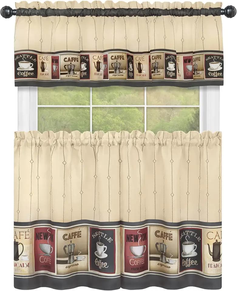 ACHIM Cozy Cafe Printed Tier & Valance Set, 58 x 24 in