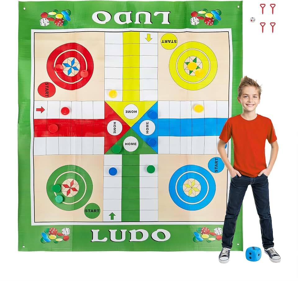 Relaxdays Ludo XXL, große Brettspiel Matte inklusive 16 Spielsteine, bunt